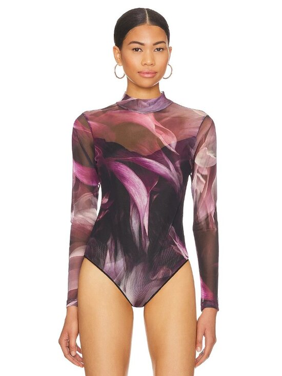 All Saints Tops - AllSaints Elia Margeaux Bodysuit Black Purple Long Sleeeve Mesh Mock Neck Goth